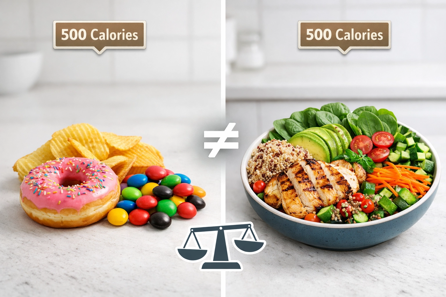 shows how 500 cal or unhealthy foods is not equal to 500 calories of healthy, nutrient dense foods